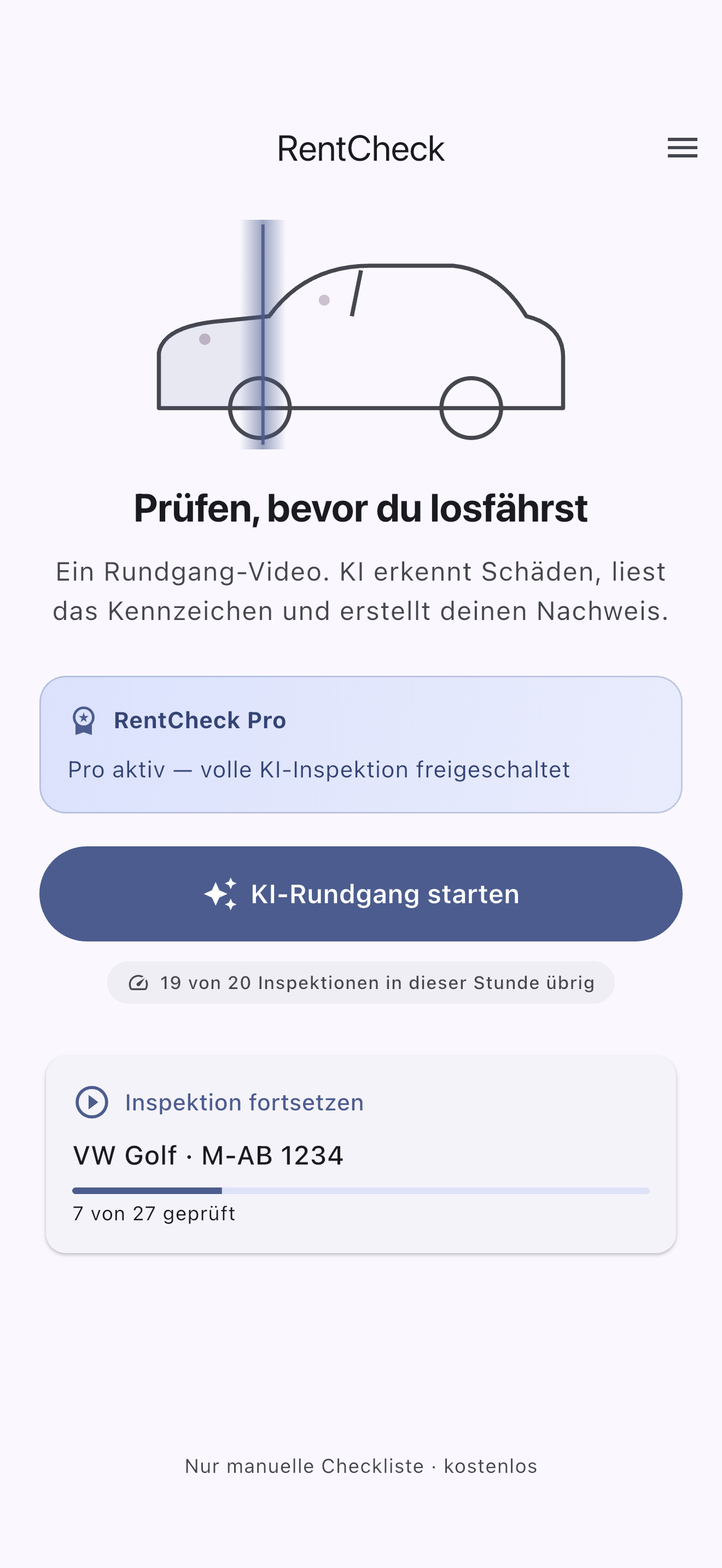 AI-RentalCarCheck Startbildschirm